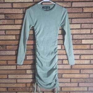 Lioness Military Minds Sage Green Long Sleeve Ruched Ribbed Side Tie XXS Dress